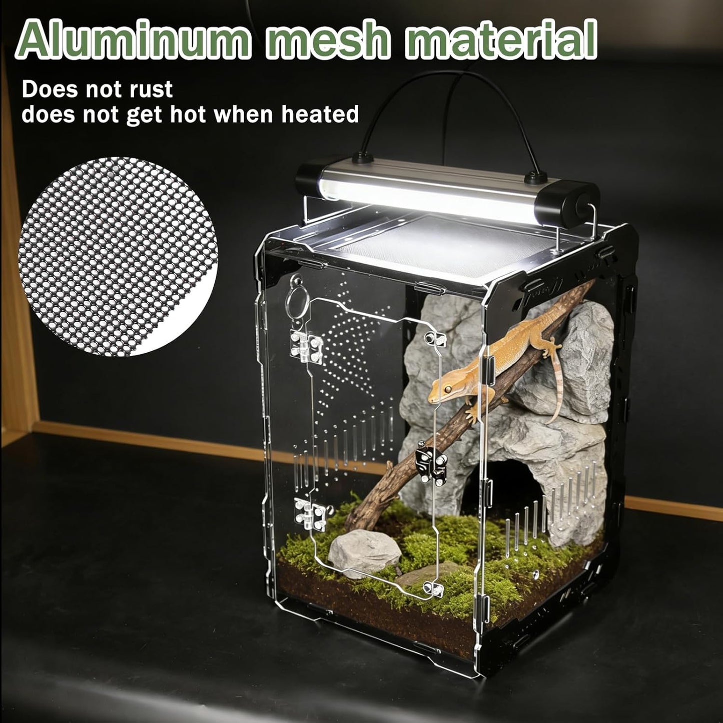 14x10x10 Inch Mechanical Frame Acrylic Terrarium - Front Opening Reptile Enclosure with Magnetic Feeder & Cable Ports, Escape-Proof Habitat for Tarantulas, Mantis, Geckos & Scorpions