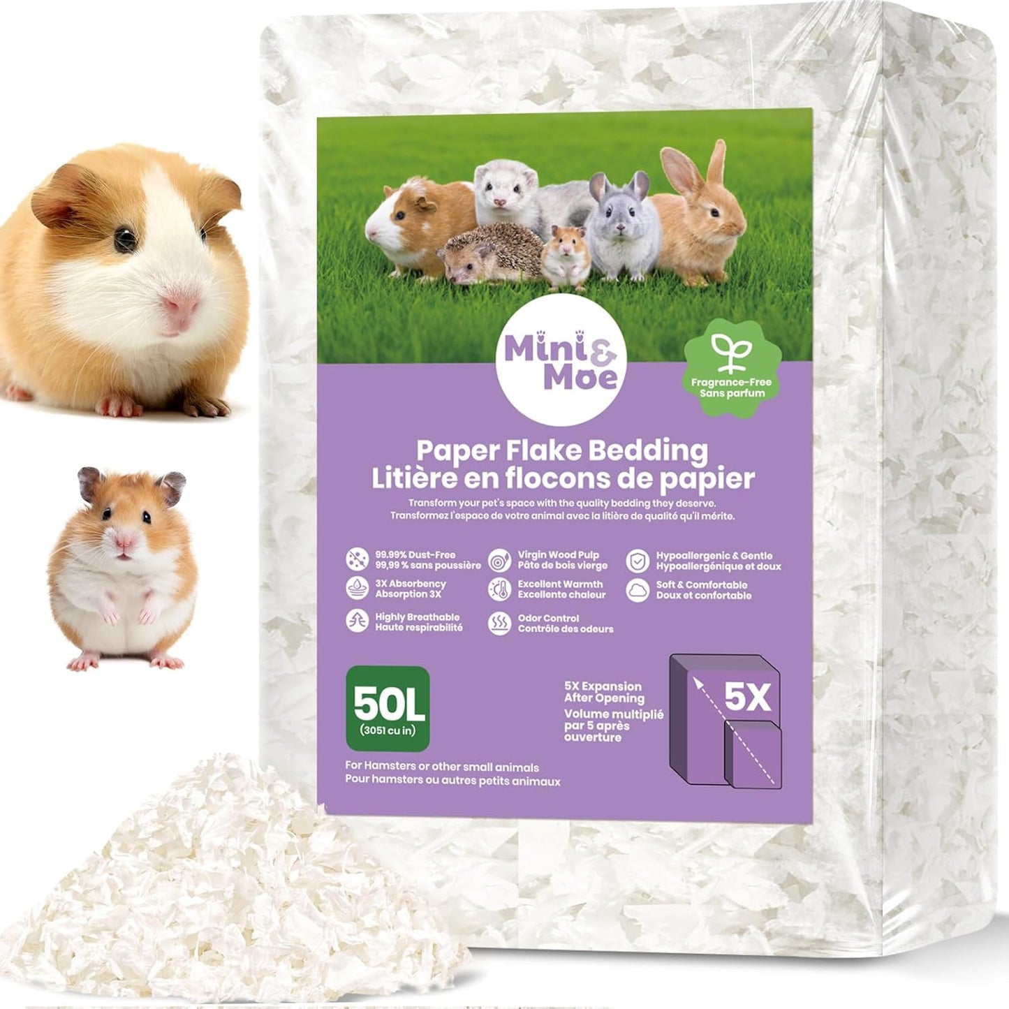 mini&moe Hamster Bedding 50L: Dust-Free and Odor Control Moisture Absorbent Unscented Natural Paper Small Pet Bedding - for Guinea Pigs, Hamsters, Chinchilla,Rabbits,Rat,Ferret, and Gerbil, 50 Liters