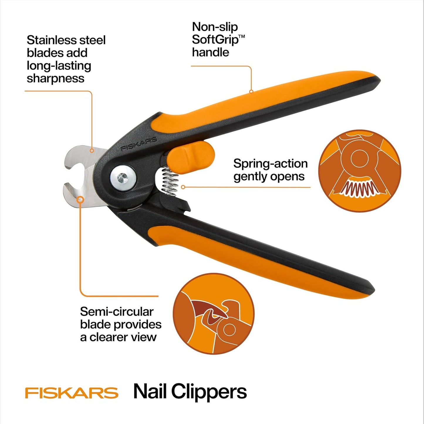 Fiskars Pet Large Nail Clippers, Cat and Dog Nail Trimmers for Grooming, Pet Supplies with Semi-Circular Blade & SoftGrip Handle with Safety Lock, 5.75”, Orange/Black