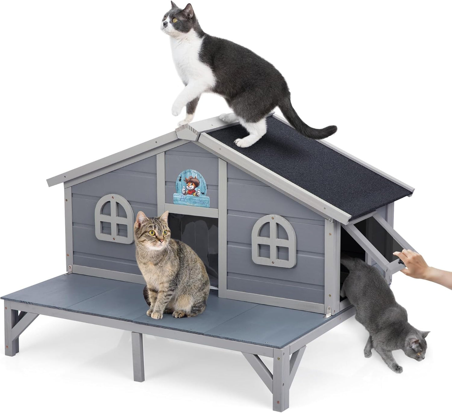 Outdoor Feral Cat House, Large Wooden Outside Cat Shelter with Balcony, Sloped Weathproof Roof, Elevated Legs, Escape Doors, Grey