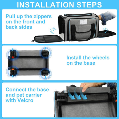 Pet Carrier Airline Approved, Expandable Pet Cat Carriers with Wheels for Dogs, Airline Approved Cat Dog Carrier, TSA Approved Pet Carrier In Cabin, Pet Dog Cat Carrier Soft, Cat Travel Carriers(Grey)