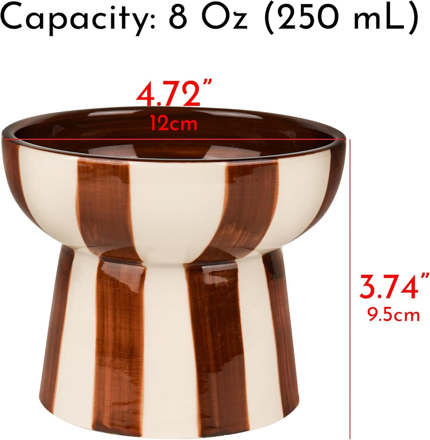 Raised Cat Bowl - Brown Striped Elevated Ceramic Food and Water Dish, Wide Shallow Design for Whisker Fatigue Relief, Dishwasher Safe