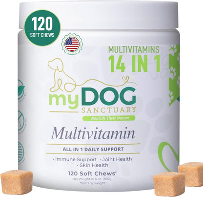 14 in 1- Multivitamin for Dogs 120 Chews - Daily Support for Active & Aging Dogs Vitamin A, D3, E, C, and B-Complex for Joint, Skin, Coat, Immune - Dog Multivitamins, Bacon Flavor