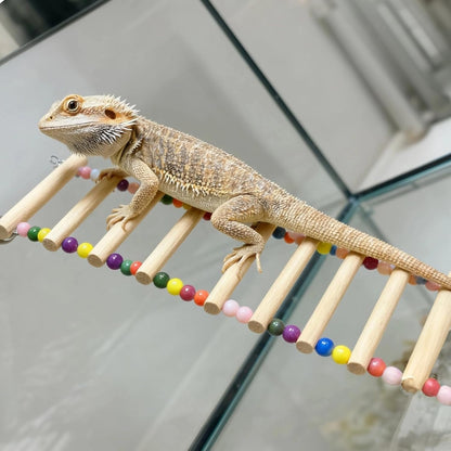 Bearded Dragon Tank Accessories, Wooden Ladder Hammock with Suction Cups for Terrarium, Habitat Climbing Accessories for Bearded Dragon, Gecko, Snake and Other Small Reptile