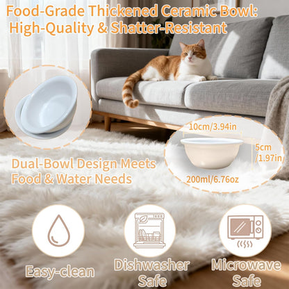 15° Tilted Elevated Cat Bowls with 2 Ceramic Dishes & Wood Base - Anti-Vomit Raised Feeder Station for Indoor Cats & Small Dogs, Dishwasher Safe