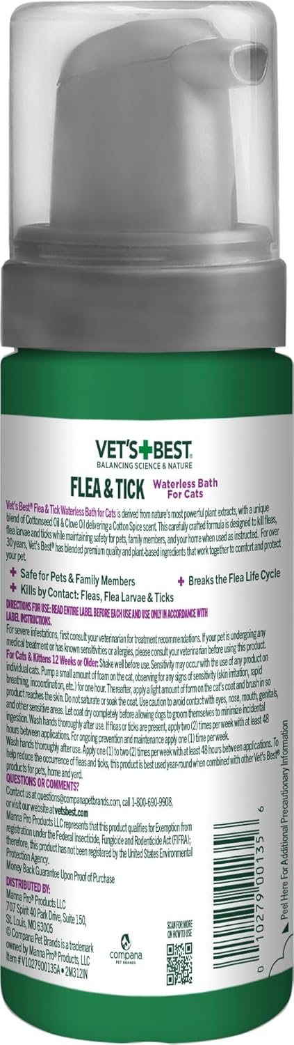 Vet's Best Natural Waterless Flea & Tick Bath for Cats – Natural No-Rinse Dry Shampoo with Plant-Based Ingredients – Flea and Tick Prevention and Control with Certified Essential Oils – 5 oz Bottle