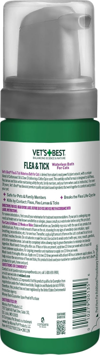 Vet's Best Natural Waterless Flea & Tick Bath for Cats – Natural No-Rinse Dry Shampoo with Plant-Based Ingredients – Flea and Tick Prevention and Control with Certified Essential Oils – 5 oz Bottle