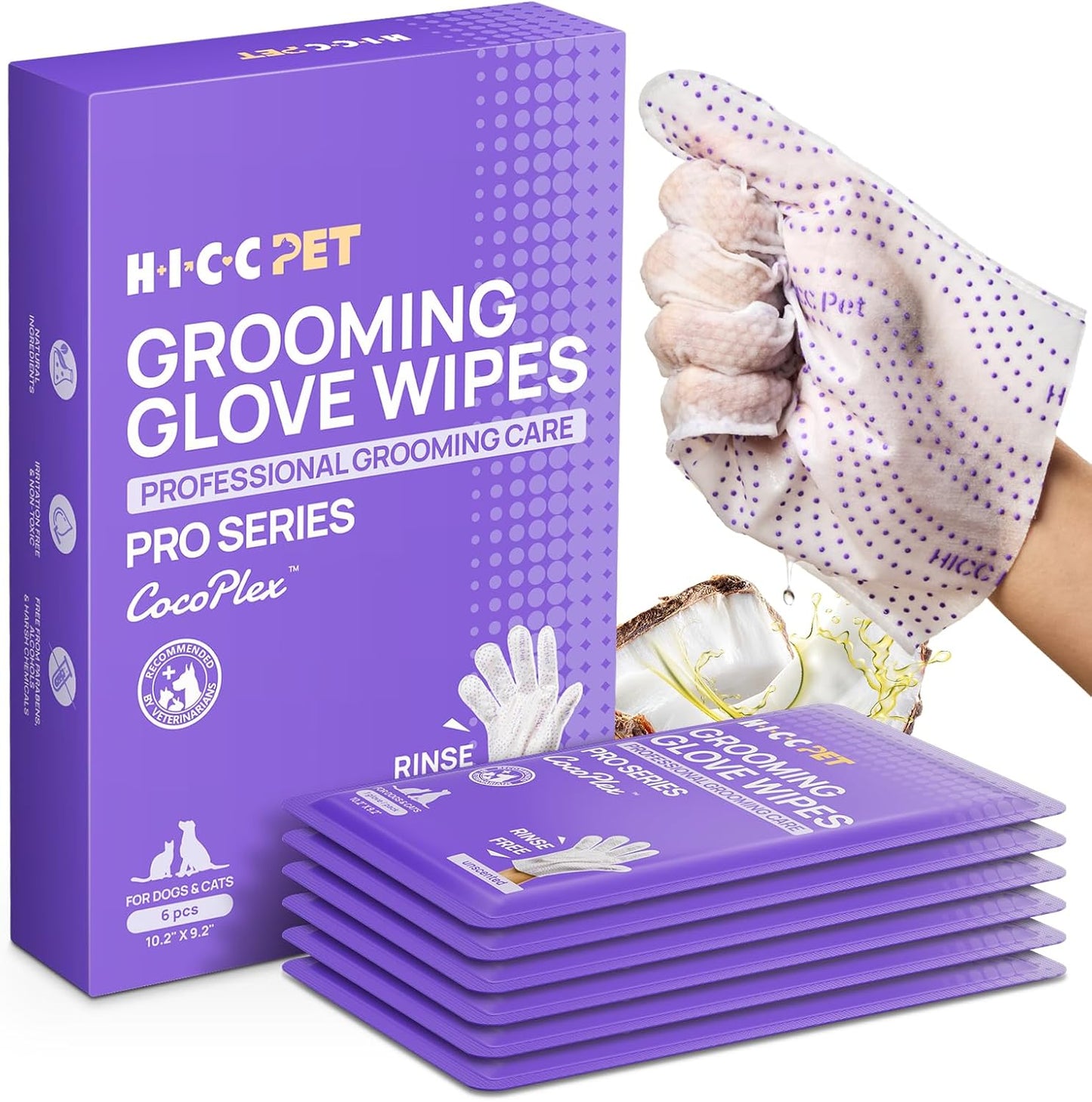 HICC PET Glove Wipes Pro | Pet Grooming Wipes for Dogs & Cats | Dual-Textured, Extra Thick, Rinse-Free Mittens | 4-in-1 Cleaning Combing Massage Conditioning, Portable Pack - Unscented