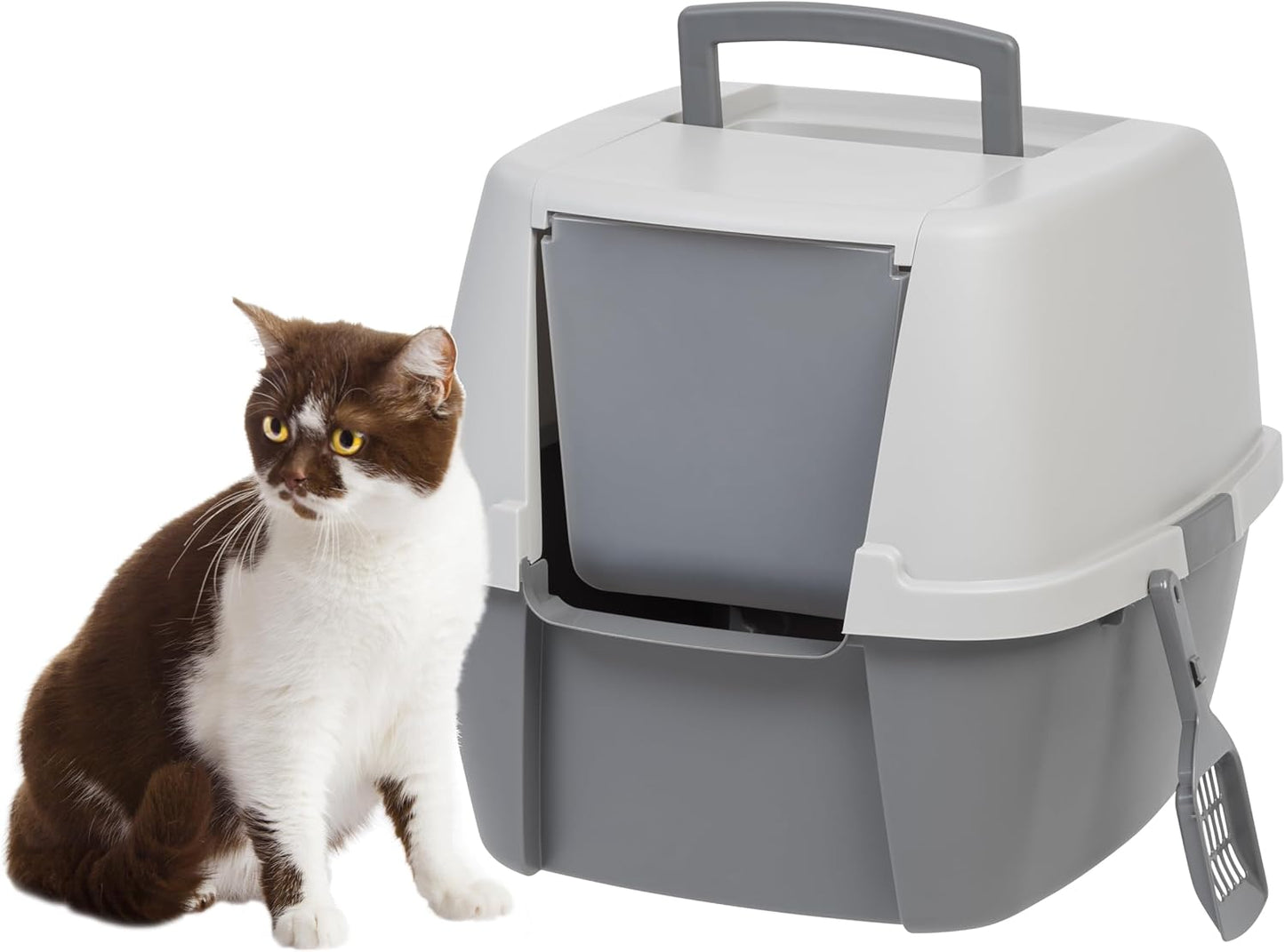 IRIS USA Cat Litter Box, Large Litter Box Enclosure with Front Door Flap and Scoop, Covered Kitty Litter Box with Handle and Buckles for Portability and Privacy, Gray