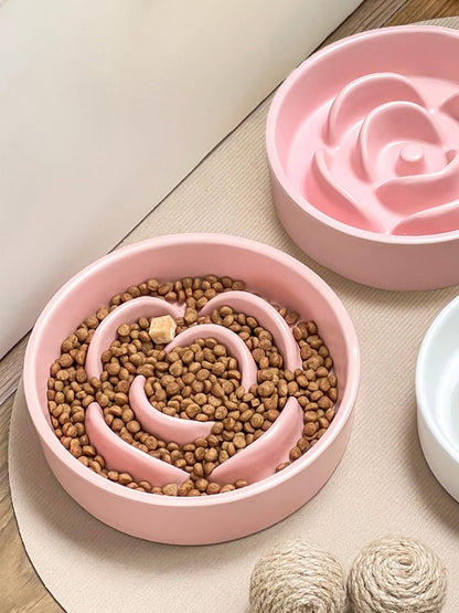 Ceramic Slow Feeder Cat Bowl, 6.1 Inch Pink Pet Food Dish for Small Dogs Puppies, Non-Slip Anti-Gulping Ceramic Dog Food Bowl, Cute Flower Design, 11.4oz Puppy Kitten Feeding Bowl