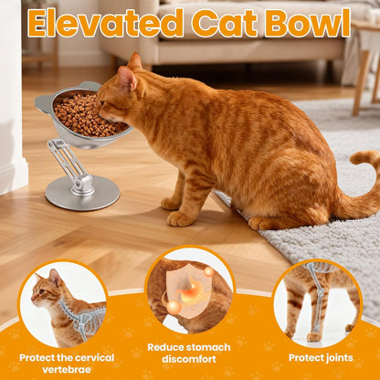 BEAVE NIUNIU Alloy Elevated Cat Bowl - Height & Angle Adjustable Raised Food Water Bowl Stand, 330ml Stainless Steel Dish, 7.9in Max Height Stable Pet Feeder for All Cat Sizes