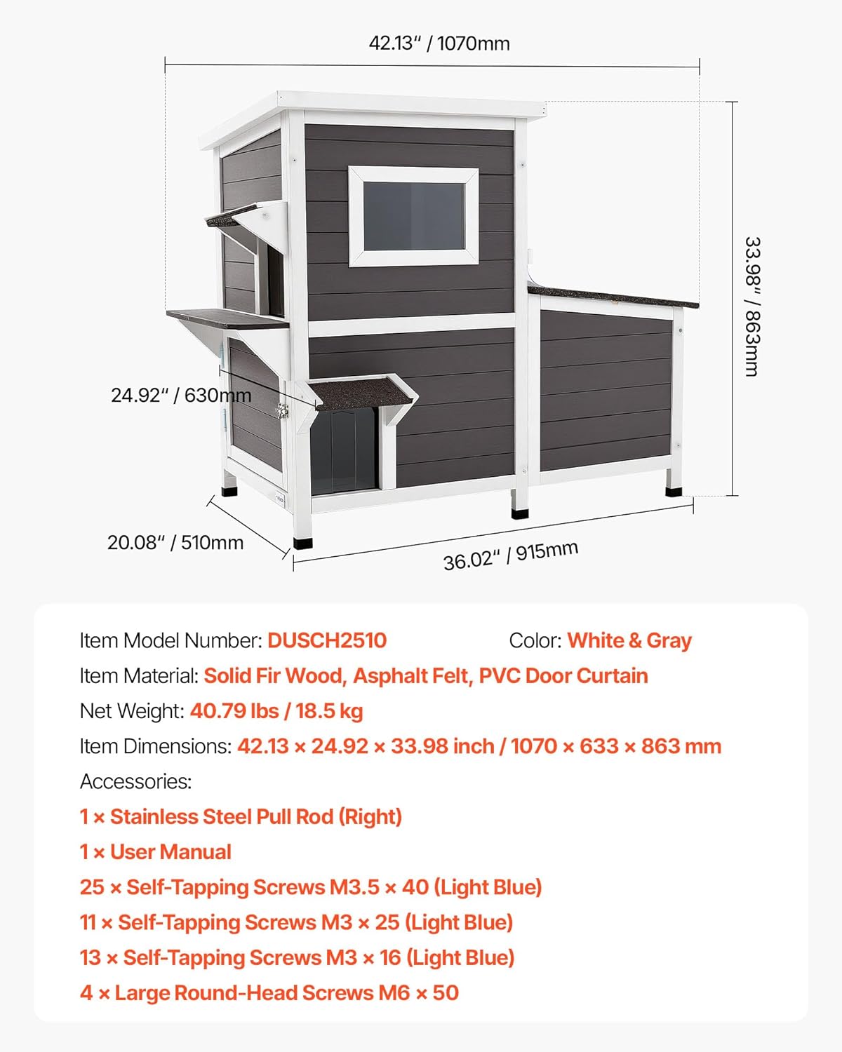 VEVOR Outdoor Cat House, 2-Story Wooden Cat Shelter for 3 Outside Cats in Winter, Elevated Feral Kitty Shelter with Stairs, Clear Window & Flap Doors, Waterproof Cats Condos for Garden 42 × 25 × 34 in