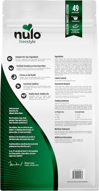 Nulo Freestyle High Protein Senior Cat Food, Alaska Pollock & Sweet Potato Recipe - Natural Grain-Free Dry Cat Food for Seniors with L-carnitine, Omega Fatty Acids, & Probiotics, 14 lb Bag