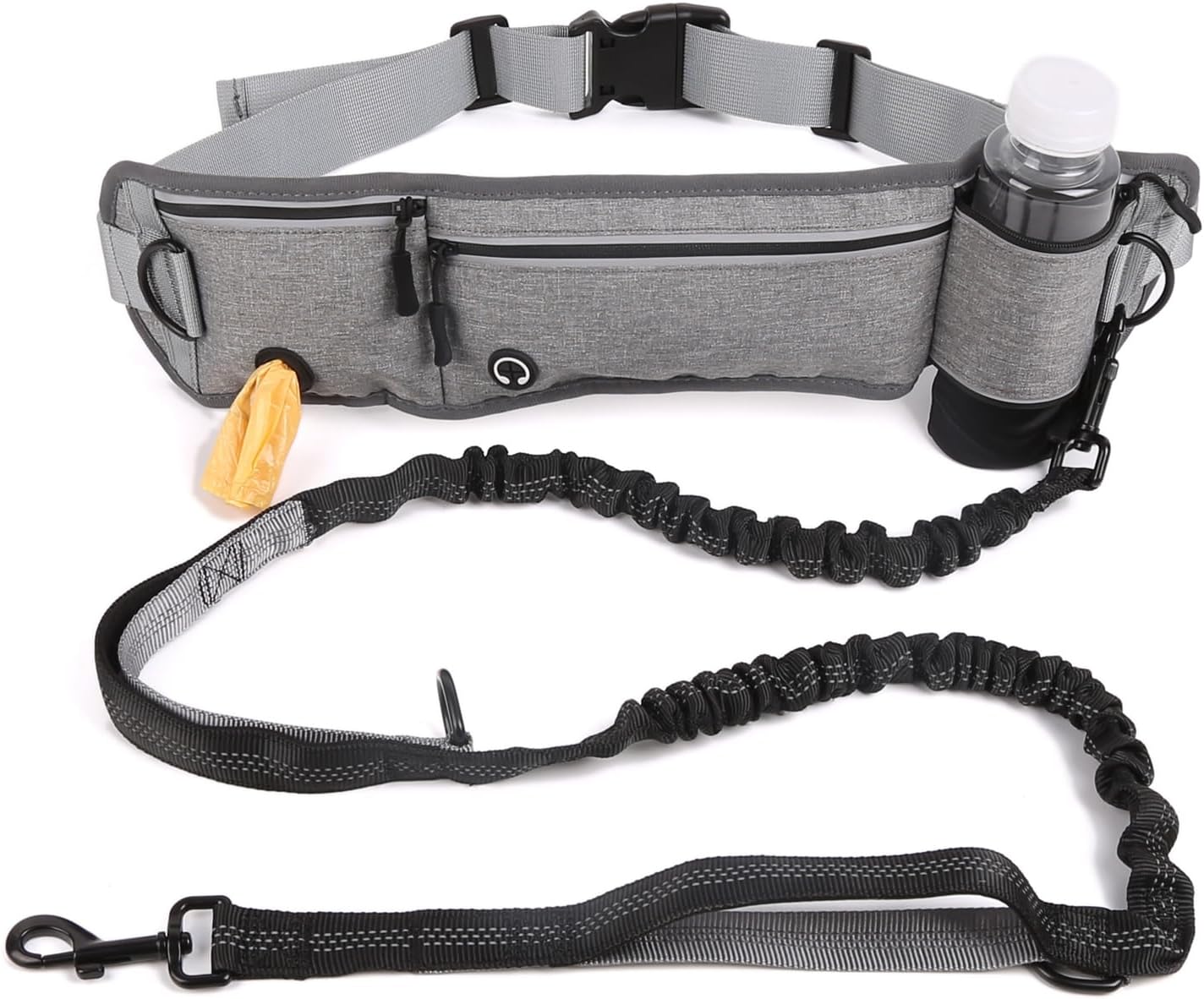 Dog Leash Hands Free with Pouch, Waist Belt Fanny Pack with Soft Pads, Dual Handles and Durable Bungee for Walking, Hiking, Running, Training (Gray)