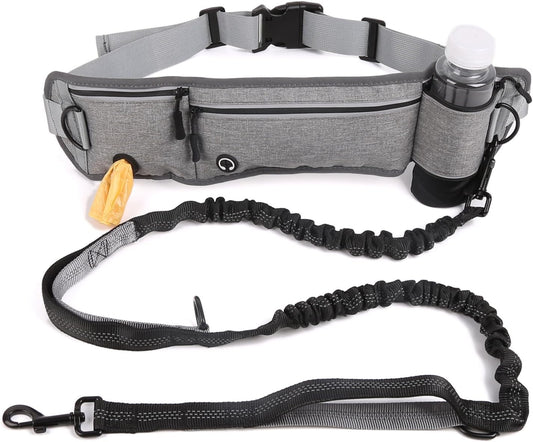 Dog Leash Hands Free with Pouch, Waist Belt Fanny Pack with Soft Pads, Dual Handles and Durable Bungee for Walking, Hiking, Running, Training (Gray)