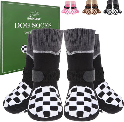 EXPAWLORER Dog Socks to Prevent Licking Paws with Grippers for Hardwood Floors Anti Slip, Reflective Dog Cold Winter Shoes Booties Boots & Paw Protectors with for Small Medium Large Senior Dogs L