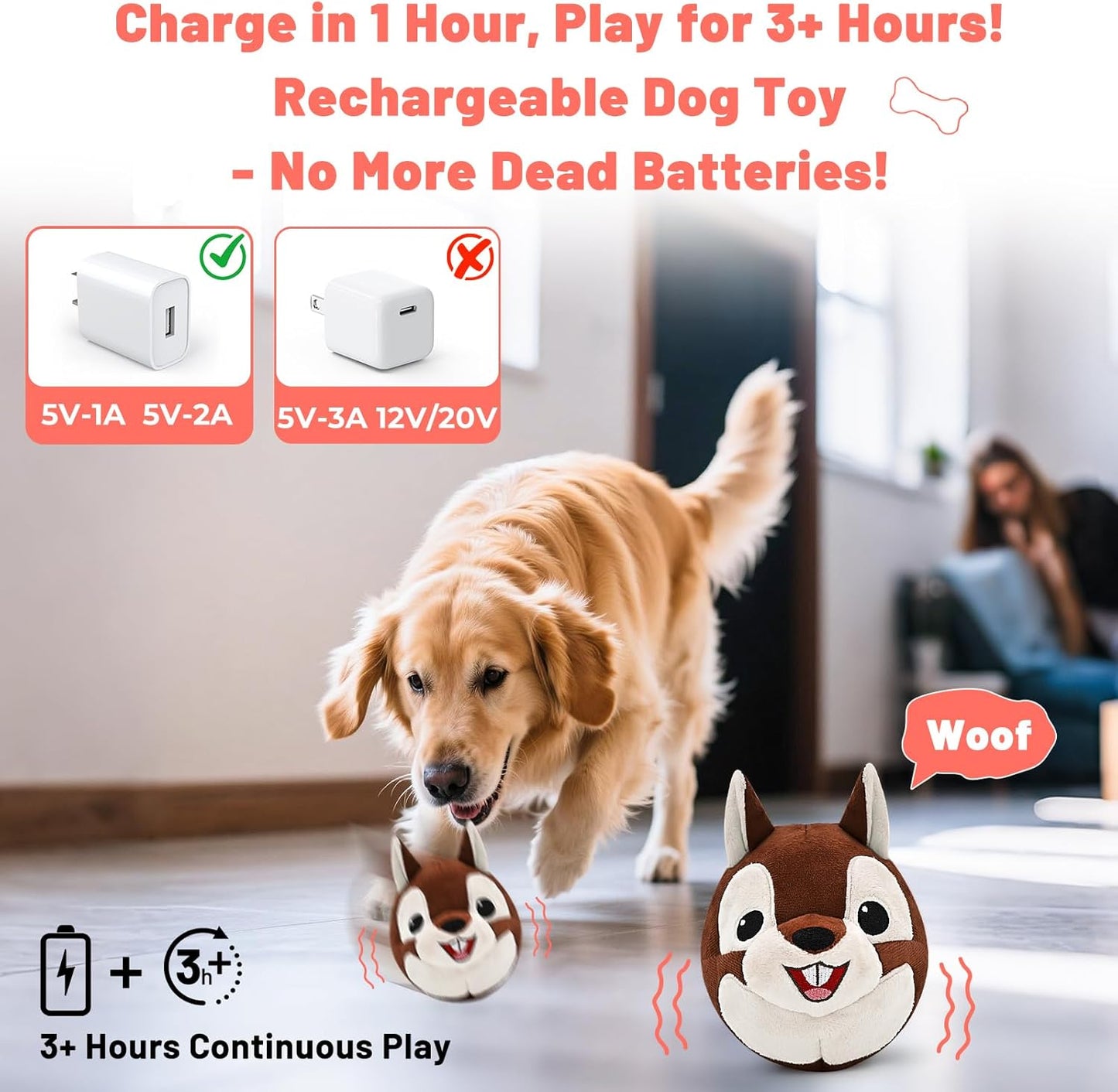 Interactive Dog Toys - Auto Bounce, Move & Vibrate with Sound, Talking Squirrel Puppy Toy for Small Medium Large Dogs, Rechargeable Durable Toy for Anxiety Relief, Boredom & Indoor Play