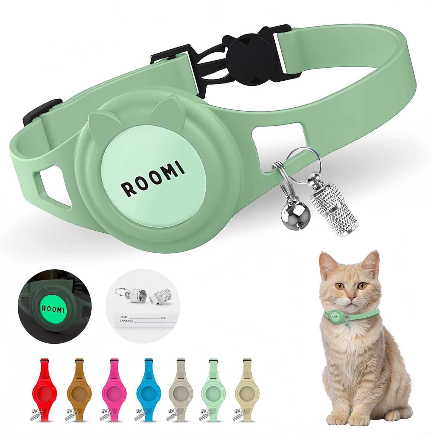 Hypoallergenic cat Collar with Breakaway Clasp, Bell & ID Tag. Compatible with Apple Airtag. Waterproof & Lightweight cat Collar with airtag Holder. Durable & Tear Resistant.
