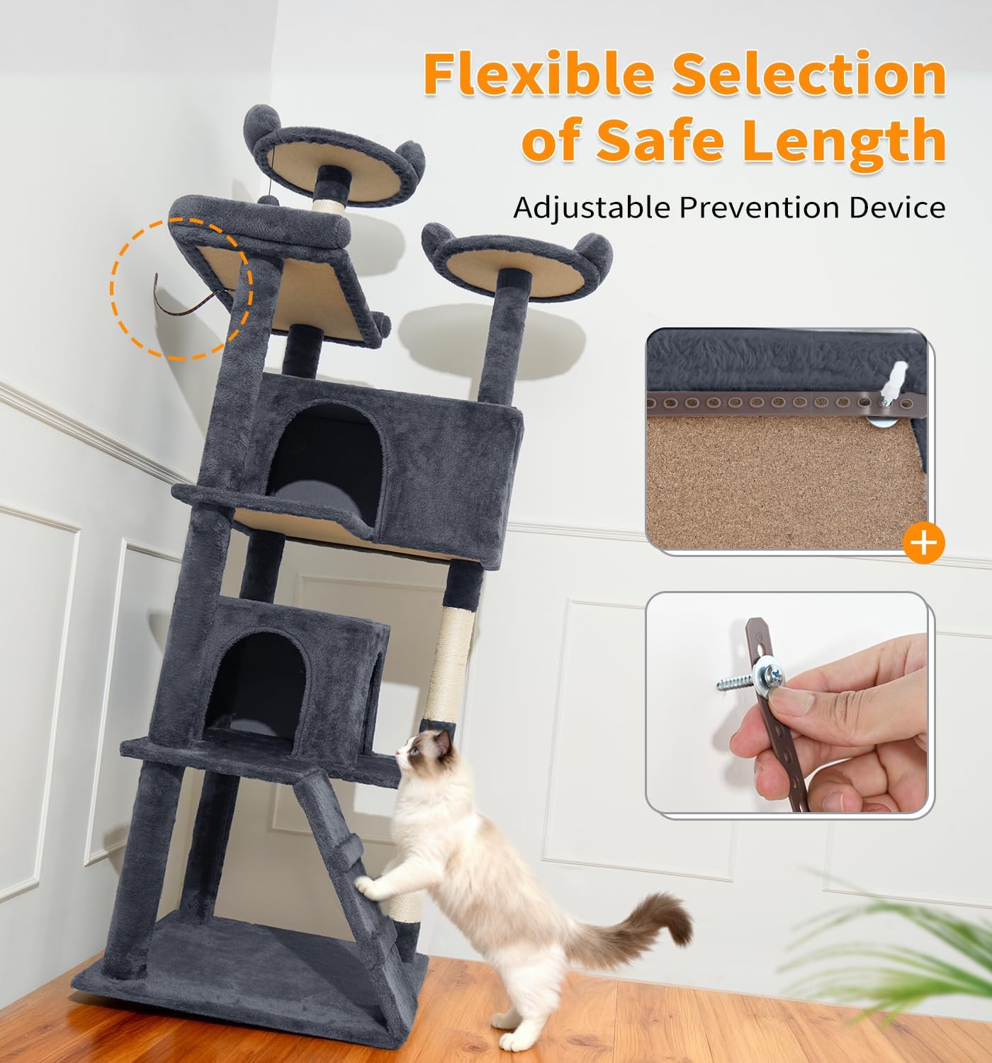 Made4Pets Cat Tree Tower 70in Cat Tower for Indoor Cats Kitten Tree Multi-Level Cat Tree with 2 Condo Furniture Activity Center with Scratching Posts Funny Toys Kittens Pet Play House, Grey