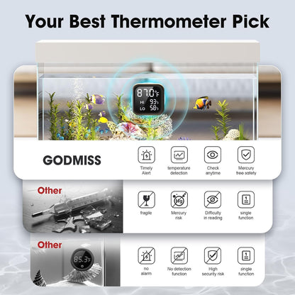 Smart Digital Fish Tank Thermometer – LED Display to ±0.9°F, Alarm for Aquarium, Turtle Tank, Betta Fish & More | 5-200 Gallon | High/Low Temperature Alerts