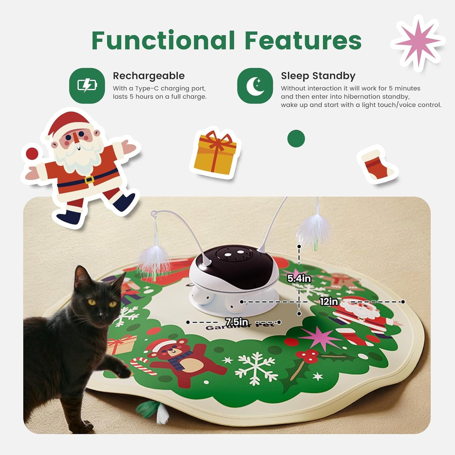 Gardner Pet Christmas Cat Toys, Chargeable 5 in1 Hide and Seek Automatic Interactive Cat Toy, Moving Ambush Feather, Track Balls,Indoor Exercise Kicker 24 inch Cover for All Breeds, 1200mAh