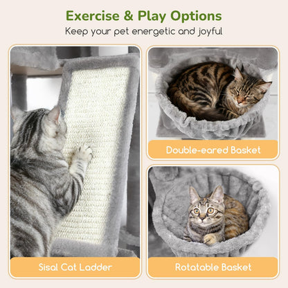 Globlazer Extra Large Cat Tree Tower 80in XXL Tall Cat Tree for Multiple Indoor Cats Large Adult Kittens with Scratching Posts, 2 Widened Perches, Adjustable Baskets, 2 Cozy Condos, S80G, Light Grey