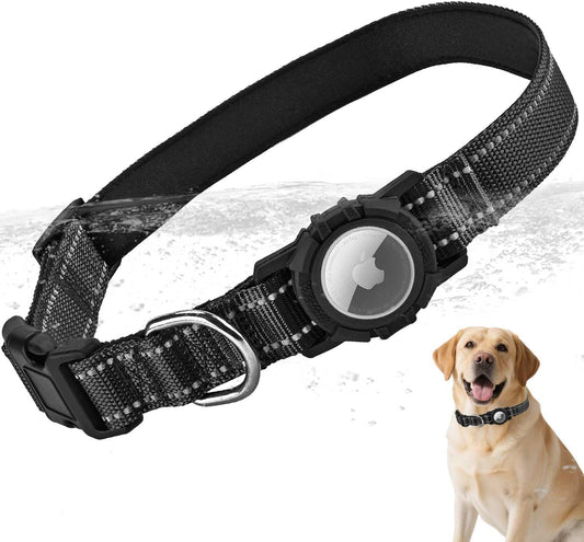 Airtag Dog Collar with Waterproof Air Tag Holder, Integrated Reflective Pet Collar with Soft Padding, Adjustable Nylon Collar for Small Medium Large Dogs, Black,M (14.5"-19.7")