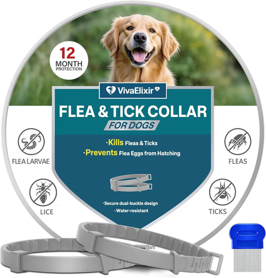 Flea Collars for Dogs, Dog Flea & Tick Control Flea Collar 12 Months Protection, Waterproof Dog Flea Collar, Flea Prevention for Dogs with Comb and Prevention Treatment Drop, 2Pack