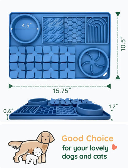 Slow Feeder Bowl Bundle: Blue 4in1 Licking mat (15.75" x 10.5" x 1.2") + Mint Green Starry Sky Feeder (4.3" x 2.9"), Silicone Lick mat with Suction Cups for Slow Eating and Keep Busy