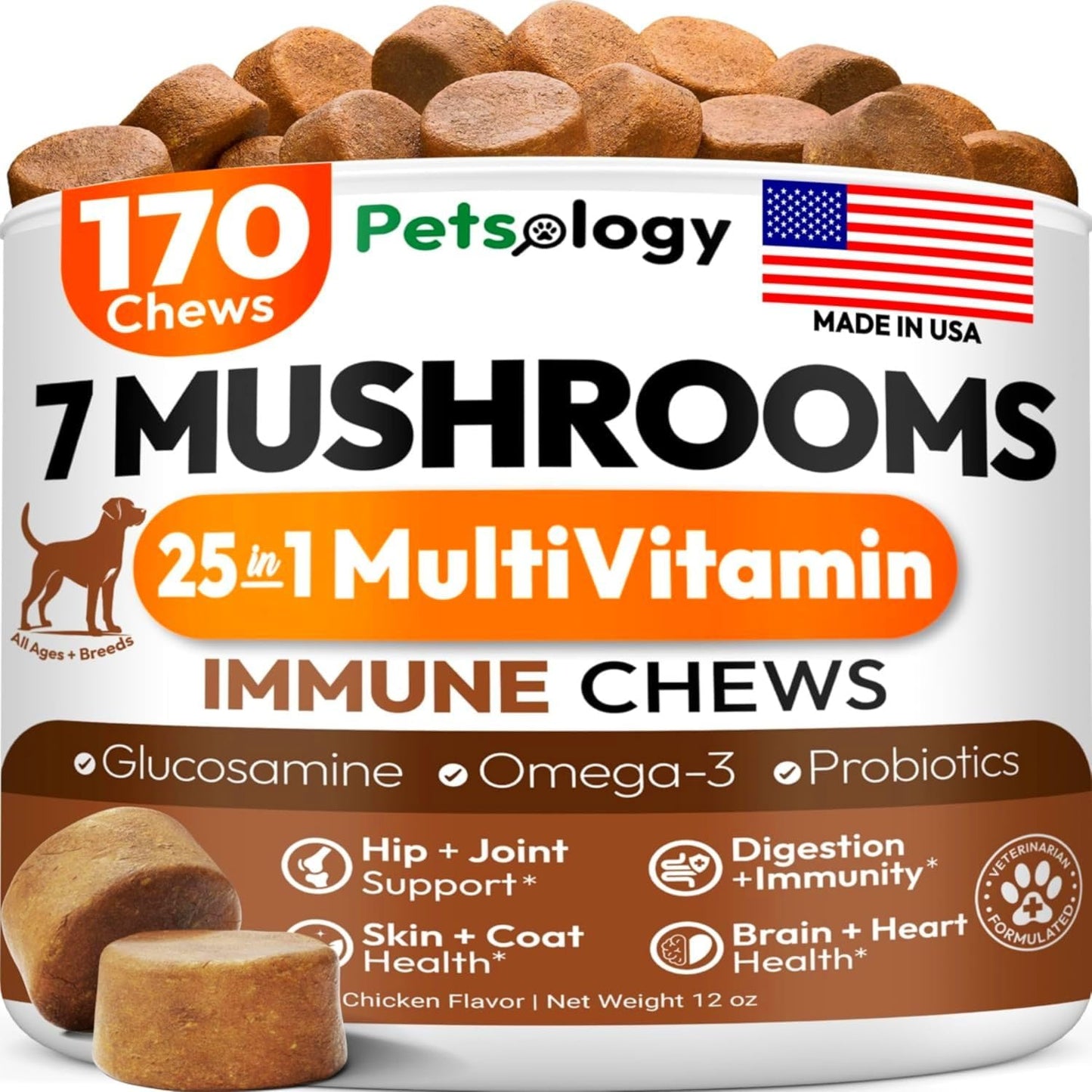 Turkey Tail Mushroom for Dogs - 170 Chews - Lion’s Mane - Shiitake - Reishi - Buddy Immune Support Guard - Mushroom Supplement for Dogs Lumps and Bumps Glucosamine, Health Vitamins Multivitamin