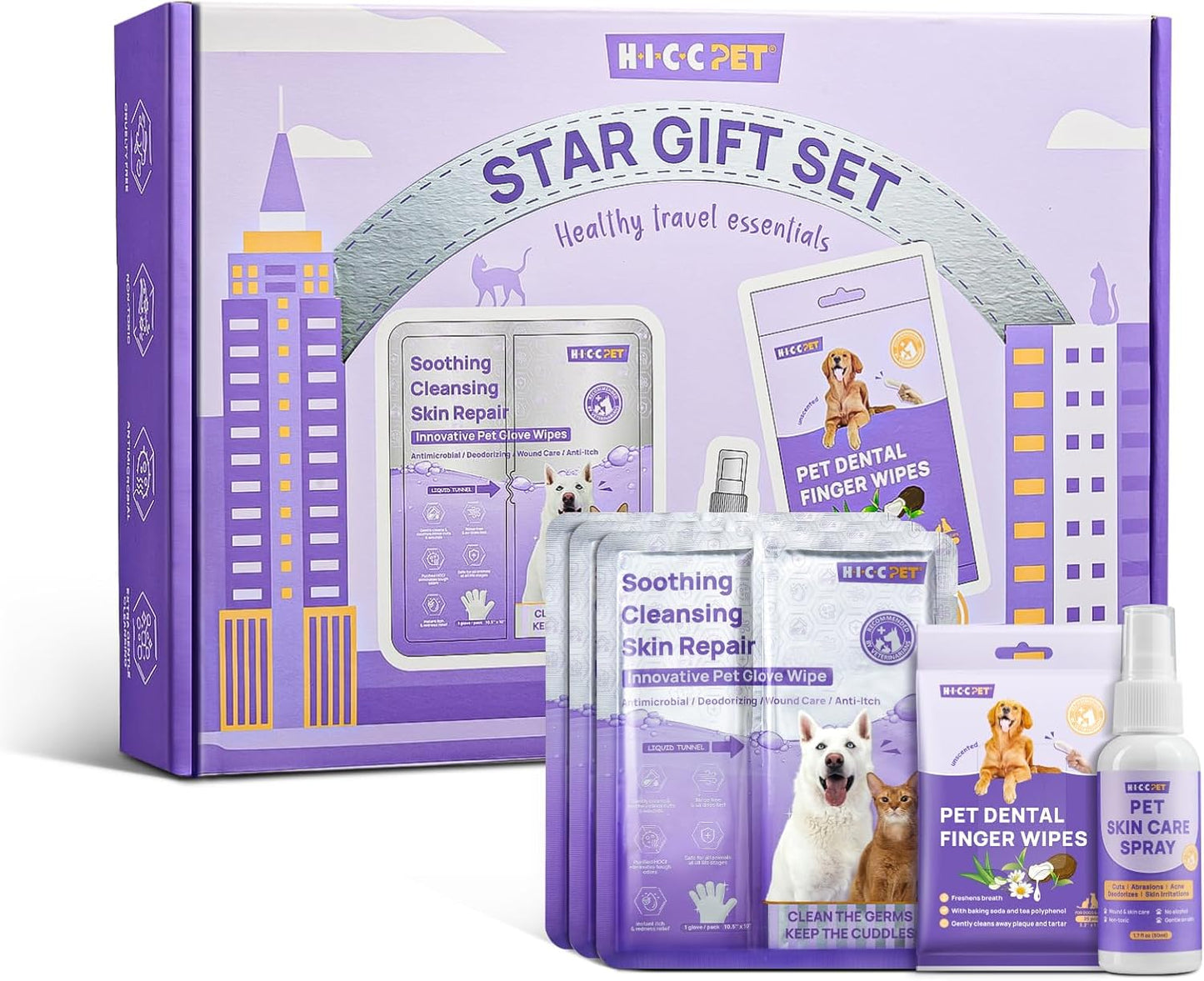 HICC PET Dogs Essential Clean & Care Kit - Pets Hot Spot Treatment & Itch Relief Spray + Cleaning Deodorizing Teeth and Body Wipes for Dogs and Cats - Great for Daily & Travel