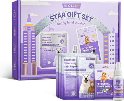 HICC PET Dogs Essential Clean & Care Kit - Pets Hot Spot Treatment & Itch Relief Spray + Cleaning Deodorizing Teeth and Body Wipes for Dogs and Cats - Great for Daily & Travel