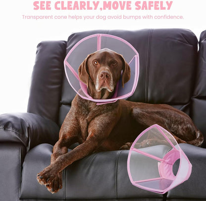 Dog Cone Collar for Dogs After Surgery,Transparent Dogs Cone Stop Licking,Foldable Dog Recovery Collars & Cones Anti-Bite Lick Protective Wound,Protective Elizabethan Collar Alternative,Pink,M