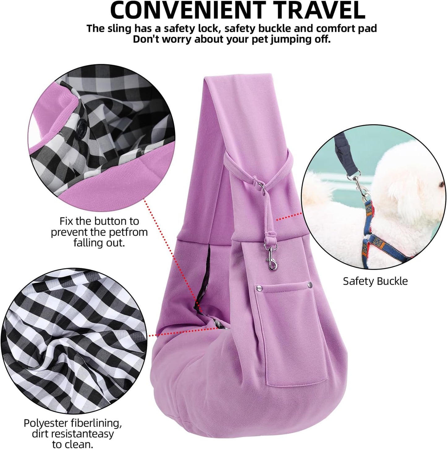 Dog Carrier Sling - Reversible Puppy Carrier Purse with Storage Pocket, Hand-Free Dog Sling Carrier for Carry Small Dogs and Cats, Travel Safety Harness, Dog and Cat Harness (Purple)