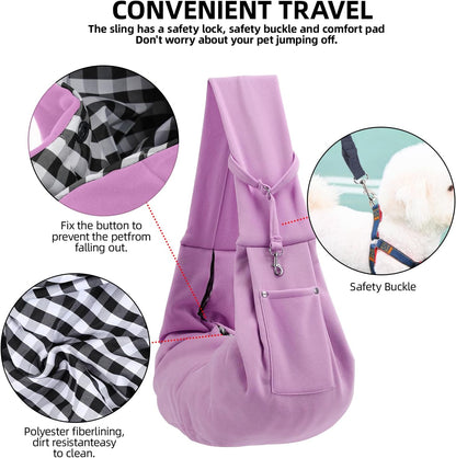 Dog Carrier Sling - Reversible Puppy Carrier Purse with Storage Pocket, Hand-Free Dog Sling Carrier for Carry Small Dogs and Cats, Travel Safety Harness, Dog and Cat Harness (Purple)