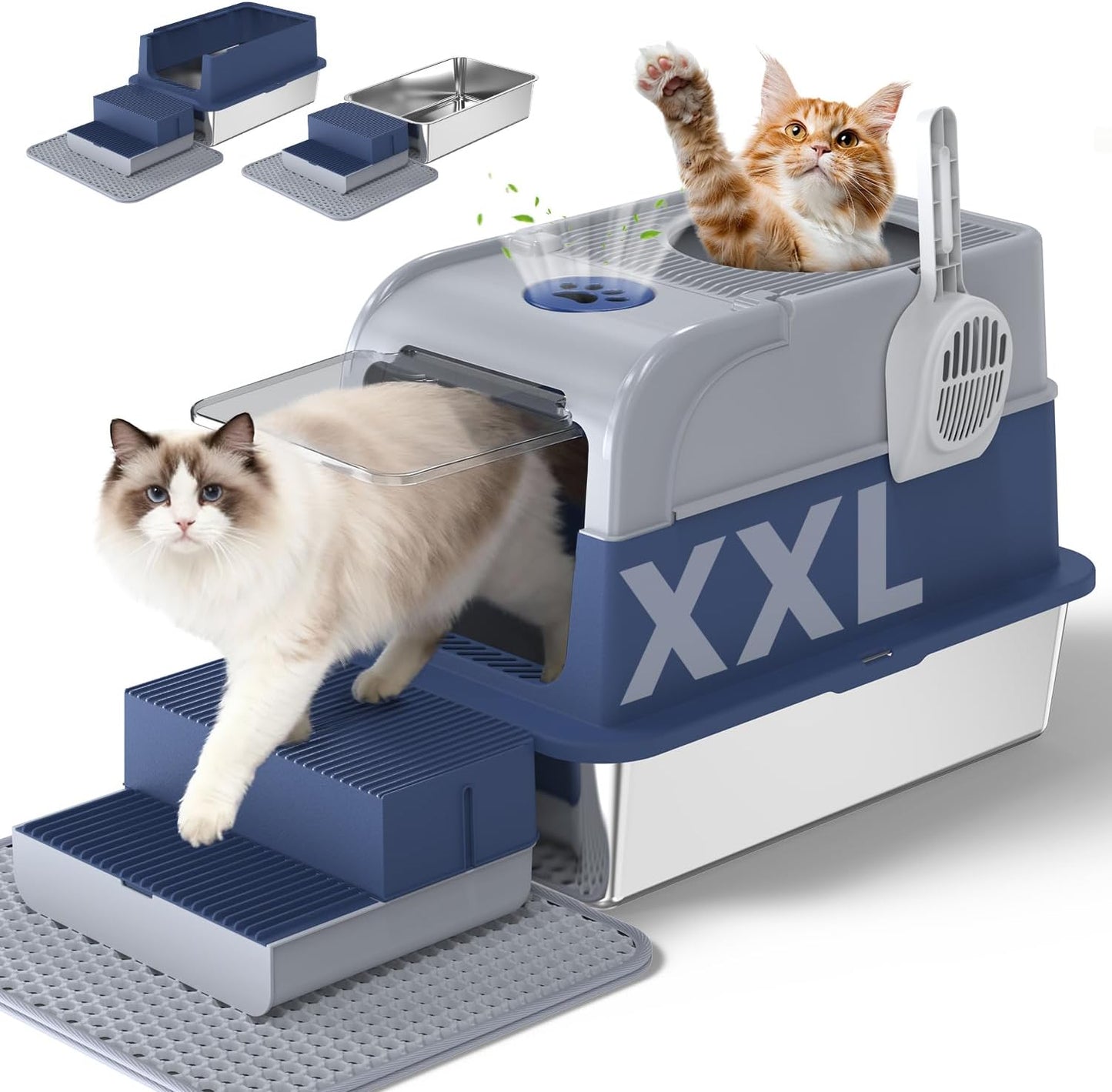 Stainless Steel Litter Box with Lid, XXL Top Entry Extra Large Litter Box Enclosure for Kitty & Big Cats, Non-Stick Metal Cat Pan with Dual Storage Footboard, Trapping Mat & Scoop Included