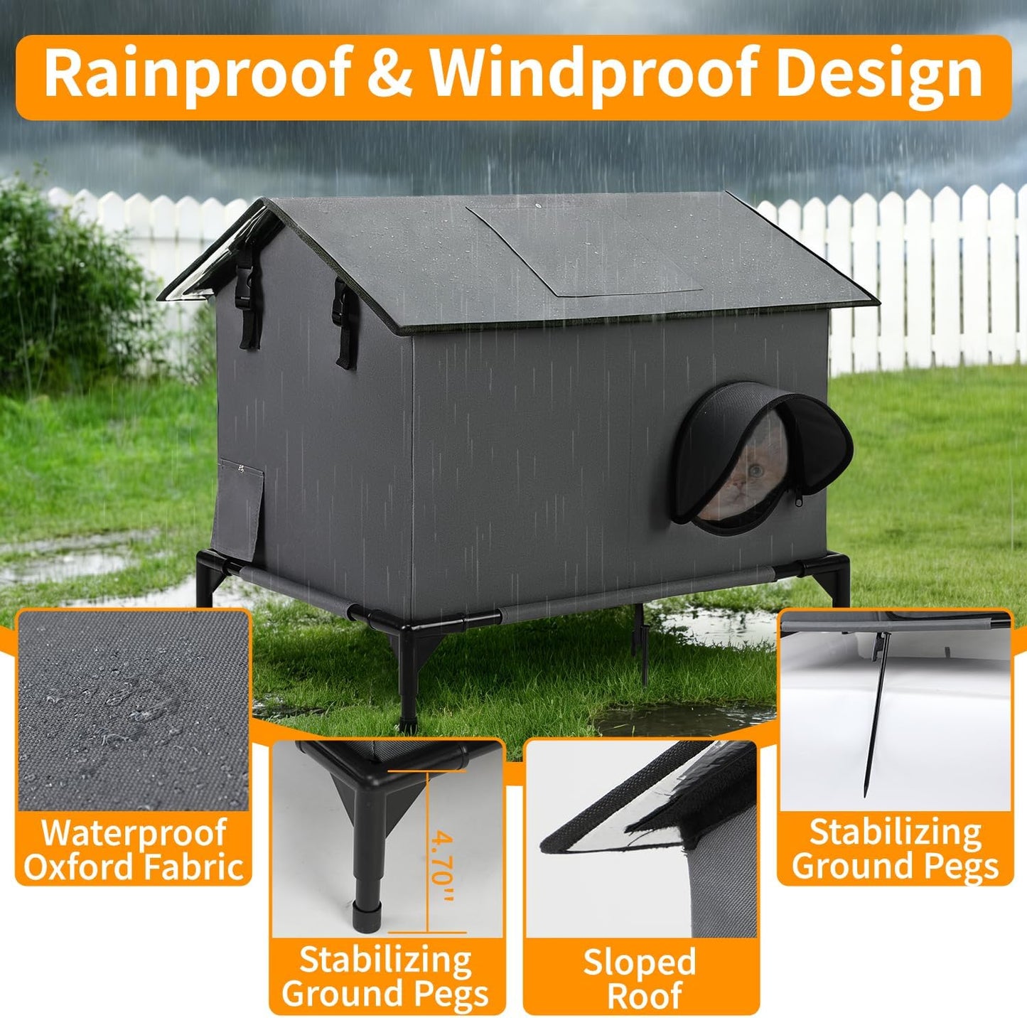 Large Heated Cat House for Outside, Weatherproof Insulated Indoor Outdoor Cat House with Adjustable Heating Pad, Escape Door & Elevated Base, Warm Shelter for Feral Stray Barn Cats, 25”Lx19”Wx22”H
