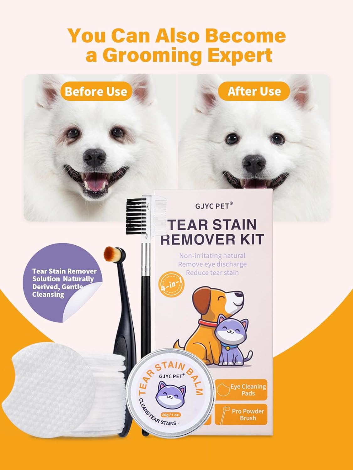 Eye Lube Plus Tear Stain Remover for Dogs and Cats – Upgraded 4 in 1 Eye Cleaning Care Set [New & Improved] with Balm, Comb, Brush & Cotton Pads – Gently Helps Clean & Reduce Stains