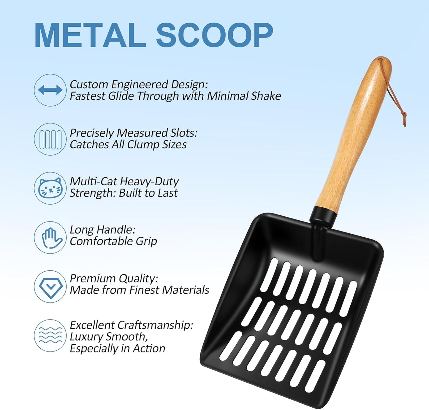 Cat Litter Scoop, Metal Litter Scoop with Holder, Heavy Duty Metal Cat Scooper for Litter Box, Black Sifter Scoop for Pellets, Wooden Handle Scoop with Hole, Kitty Necessity (5.5" Handle with Holder)