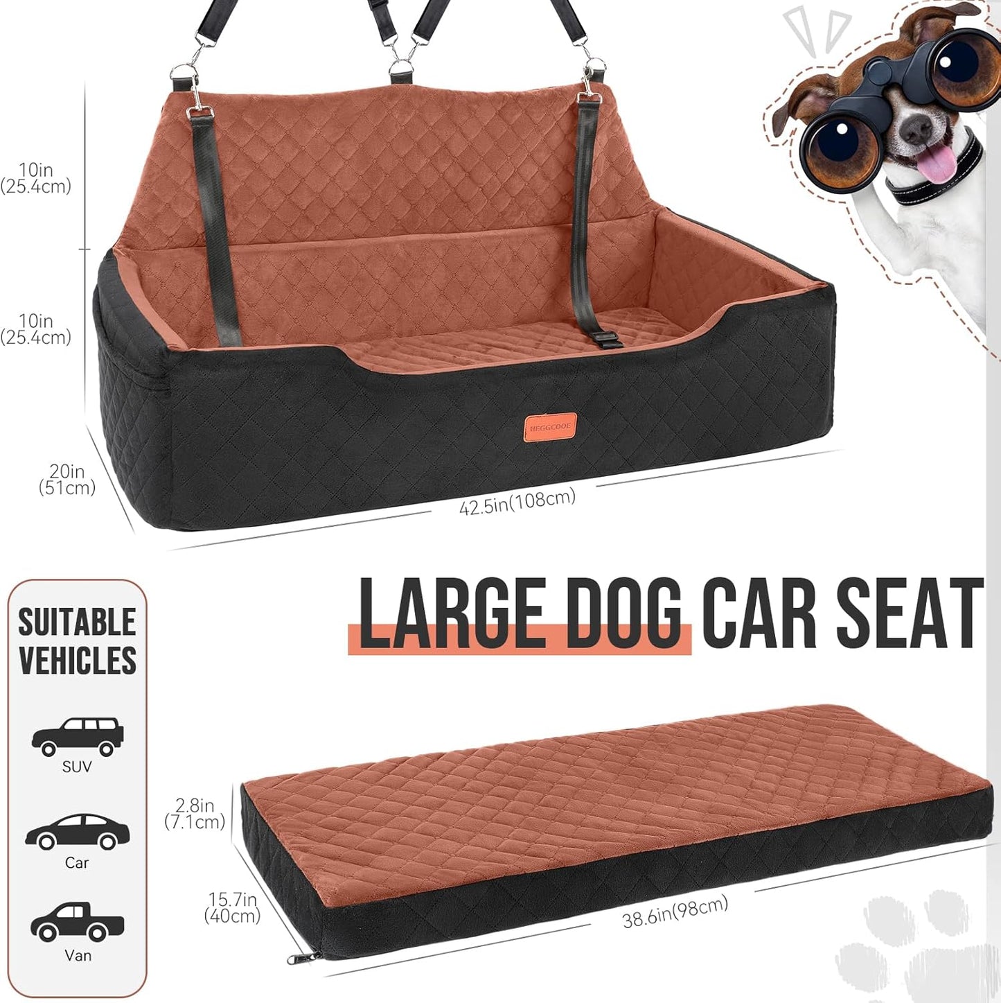 Large Dog Car Seat Under 100 lbs, Washable Dog Car Bed for 2 Medium Dogs, Detachable Pet Booster Seat with Storage Pocket and Seat Belt for Back Seat Dog Travel Bed