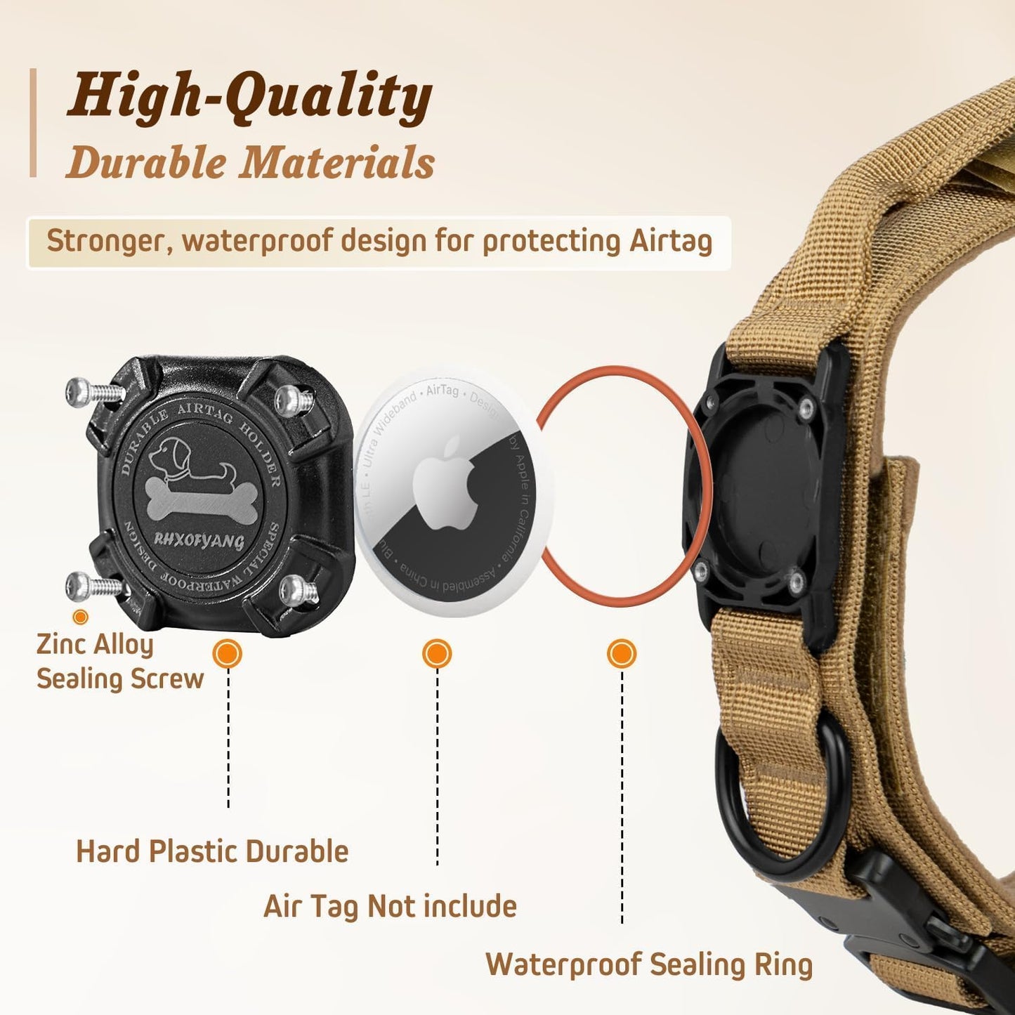 Dog Collar with Airtag Holder, Airtag Dog Collar IP68 Waterproof with Control Handle and Metal Buckle, Military Tactical Air Tag Dog Collar Holder for Medium Large Dogs(Brown, M)
