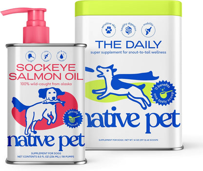 Native Pet The Daily Dog Supplement (60 Scoops) & Salmon Oil for Dogs & Cats (8 Oz) - 11 in 1 Multivitamin & Pure Omega-3 Fish Oil Supplement for Skin & Coat, Joint, Heart Health & Anti-Inflammatory
