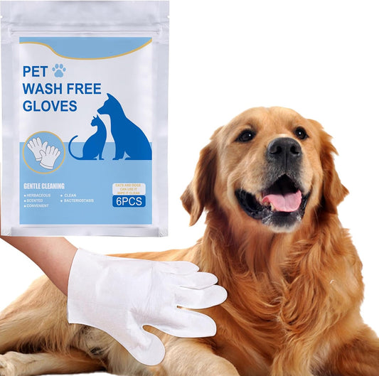 Pet Wash Free Grooming Gloves, 6Pcs Cleaning Cat Dog Wipes for Face, Ear, Eye, Paws Pet Body Rinse Free Gloves, No Rinse Thick Extra Puppy Wipes, Disposable Plant-Based Dog Bath Wipes