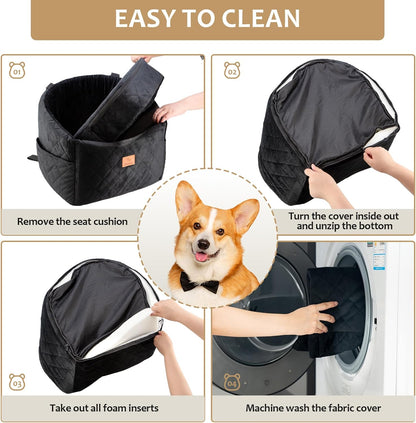 Dog Car Seat for Small Dogs, Memory Foam Dog Booster Car Seats with Thick Cushion for Dogs Under 30lbs, Detachable Washable Pet Travel Bed with Storage Pockets and 2 Safety Belt