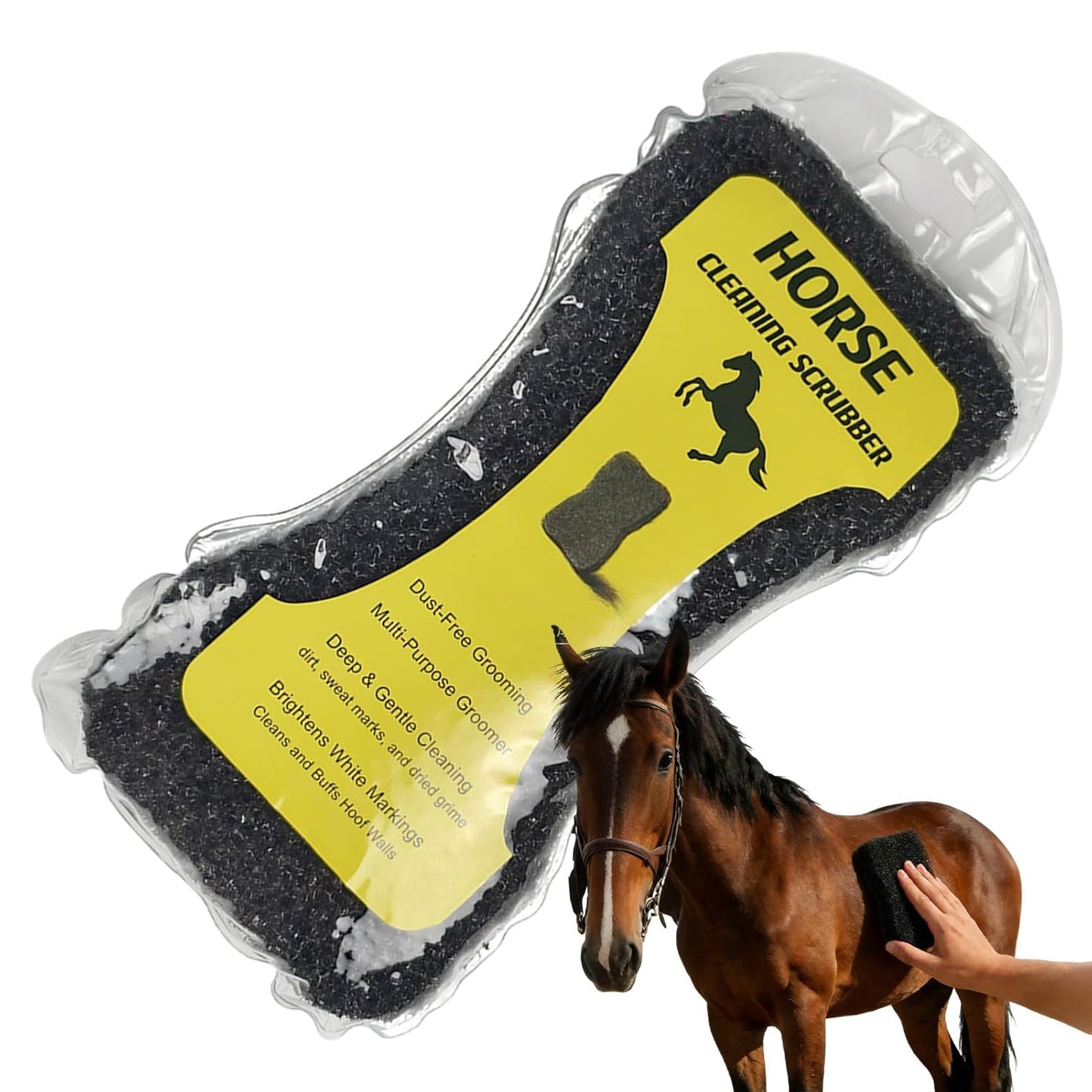 Equine Grooming Brush, Livestock Care Sponge, 9.06x4.33x1.77 Inches Massage Tools with Firm Grip, Rubber Handle Cleaning Bristles, Stable Farm Style Groomer, Horse Accessory for Outdoor and Pet Cares