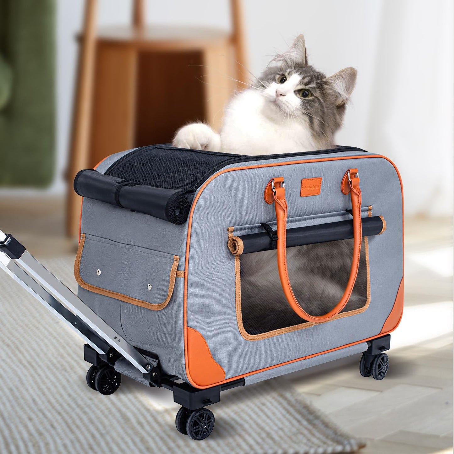 Large Cat Carrier with Wheels Pet Dog Rolling Carriers for Extra Large Cat Carrier Small Bag Small Dogs Up to 38 Lbs 24"X 13.8"X 15.4" Double Trolley Case Travel Walking and Camping(NOT for TSA)