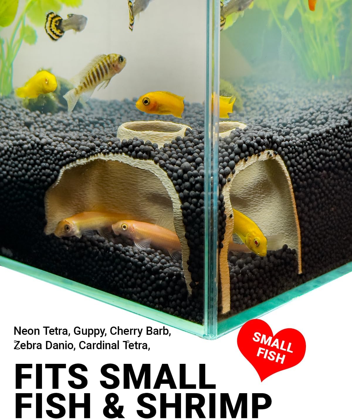 Aquarium Cave – Rock Texture Fish Shelter with 180° Viewing Angle, Betta Fish Tank Accessories, Shrimp & Snails – Aquarium Decor & Tunnel (Sand, Small)