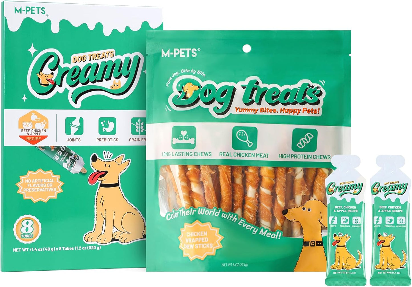 M-PETS Dog Training Treats 2-Pack Bundle: (1) Chicken Crunch Sticks (30 Count) + (1) Lickable Beef Puree Tubes (8 Pack)