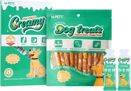 M-PETS Dog Training Treats 2-Pack Bundle: (1) Chicken Crunch Sticks (30 Count) + (1) Lickable Beef Puree Tubes (8 Pack)
