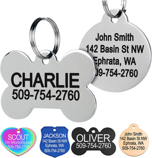 GoTags Stainless Steel Pet ID Tags, Personalized Dog Tags and Cat Tags, up to 8 Lines of Custom Text, Engraved on Both Sides, in Bone, Round, Heart, Bowtie and More (Dog Bone, Regular (Pack of 1))